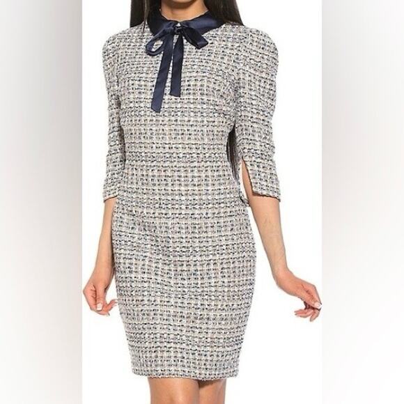 Alexia Admor Gray Navy Tweed Tie Neck Mini Dress Women's Size 10 NEW - Picture 1 of 16